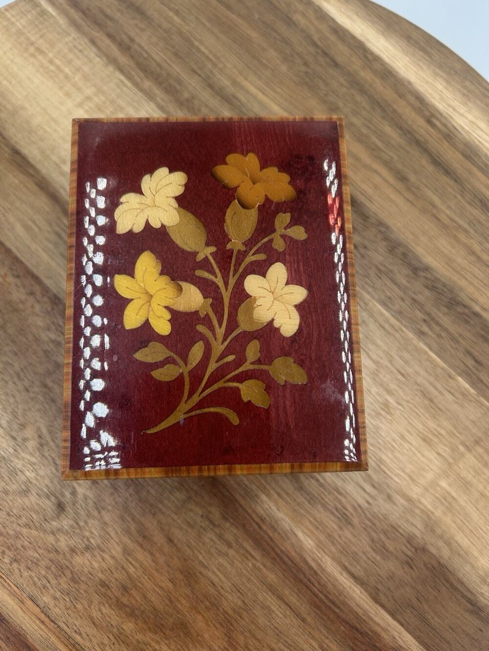 Vintage Reuge Swiss Music Box Jewelry Box Floral Inlay Wood Brass Feet Works